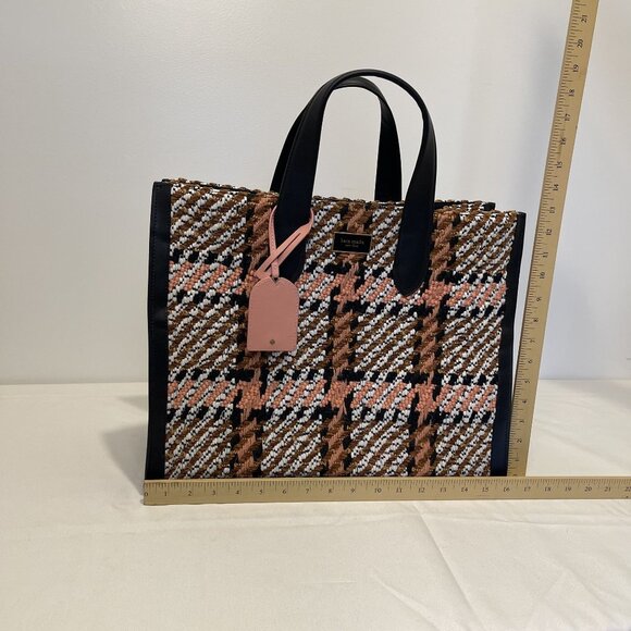 Kate Spade Manhattan Plaid Chunky Woven Fabric Large Tote Leather Straps & Tag p - Picture 6 of 6